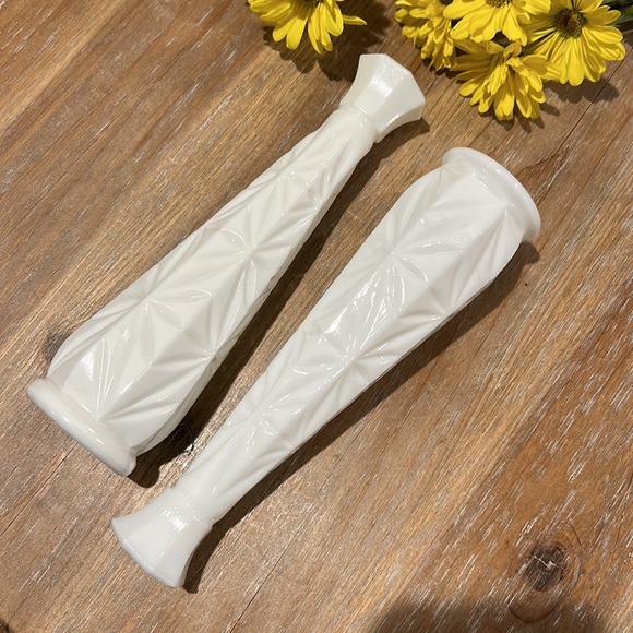 Two Vintage White Milk Glass Bud Vase. 9” - Picture 3 of 16